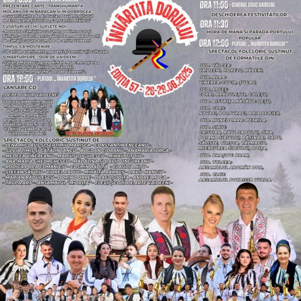 Primarul Daniel Băluță vă invită la Festivalul de folclor păstoresc ”Învârtita Dorulului”, ediția a 57-a (28-29 iunie 2025). PROGRAMUL