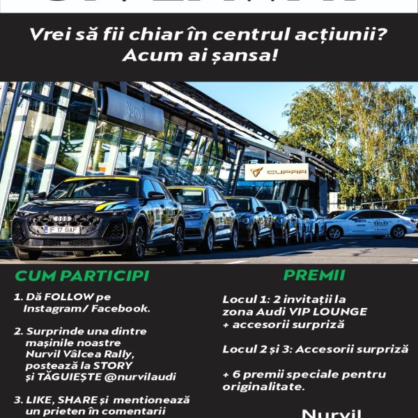 GIVEAWAY ALERT: Câștigă cu Nurvil Audi & Porsche Finance Group România la Nurvil Vâlcea Rally – Raliul Vâlcii.  Concursul are loc între 23.09.2025 – 26.09.2025, ora 11:00