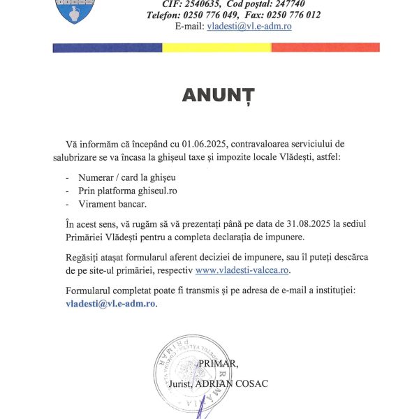 Anunț Primăria Vlădești privind plata contravalorii serviciului de salubrizare