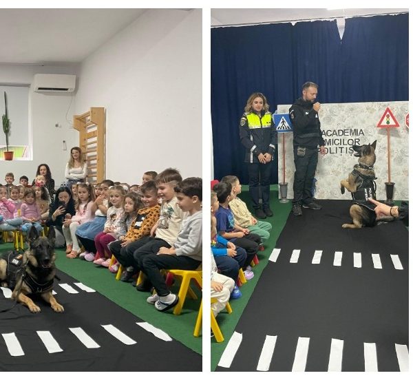 Copiii de la Grădinița „Piticot Barbă Cot” au învățat regulile de circulație de la polițiști și câinele lor de serviciu