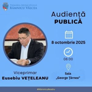 Conducerea Primăriei continuă programul de audiențe. Viceprimarul Eusebiu Vețeleanu va fi la dispoziţia râmnicenilor