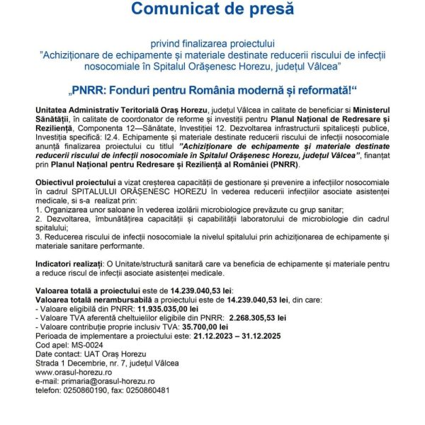 Comunicat de presă privind finalizarea proiectului ”Achiziționarea de echipamente și materiale destinate reducerii riscului de infecții nosocomiale în Spitalul Orășenesc Horezu”