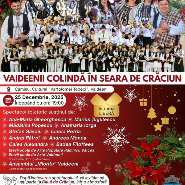 ”Vaideenii colindă în seara de Crăciun”, spectacol la Căminul Cultural ”Vartolomei Todeci” la orele 19.00