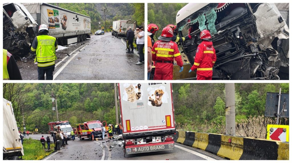 Accident pe DN7, la Brezoi: o persoană a fost scoasă din cabină după impactul dintre două TIR-uri