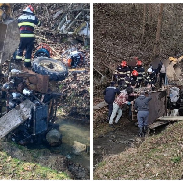 VIDEO. Un argeșean s-a răsturnat cu un vehicul artizanal într-un pârâu. A fost scos de pompieri de sub mașină