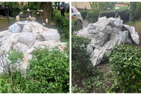 Saci cu moloz, abandonați pe spațiul verde al unui bloc din Pitești. Poliția Locală l-a identificat și amendat pe cel responsabil
