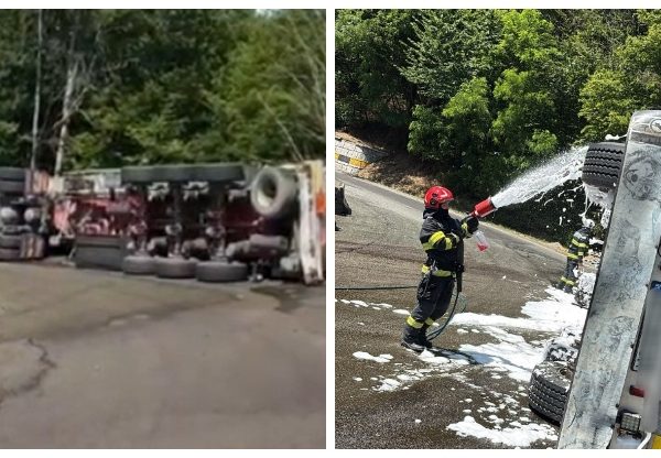 VIDEO. Cisternă cu 31 de tone de benzină, răsturnată pe DN 7: scurgeri de carburant și trafic blocat total