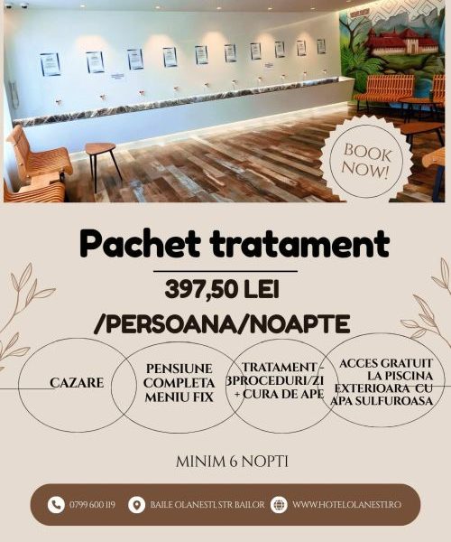 Hotel Olanești&Spa Medical vă oferă pachet tratament la 397,5 lei/persoană/noapte pentru minim șase nopți