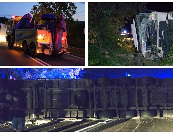 Accident pe DN 7, în Vâlcea. Un TIR s-a răsturnat după impactul cu un autoturism