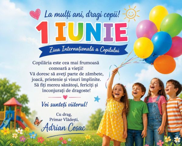 Mesajul primarului Adrian Cosac de 1 Iunie, Ziua Internațională a Copilului