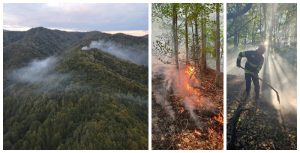 VIDEO. Incendiul de pădure de la Băile Olănești, în a patra zi. Focul a afectat 27 de hectare