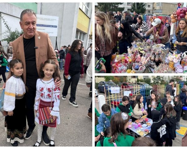 Cristian Gentea, în mijlocul copiilor, la târgul de toamnă de la Școala „Tudor Vladimirescu”